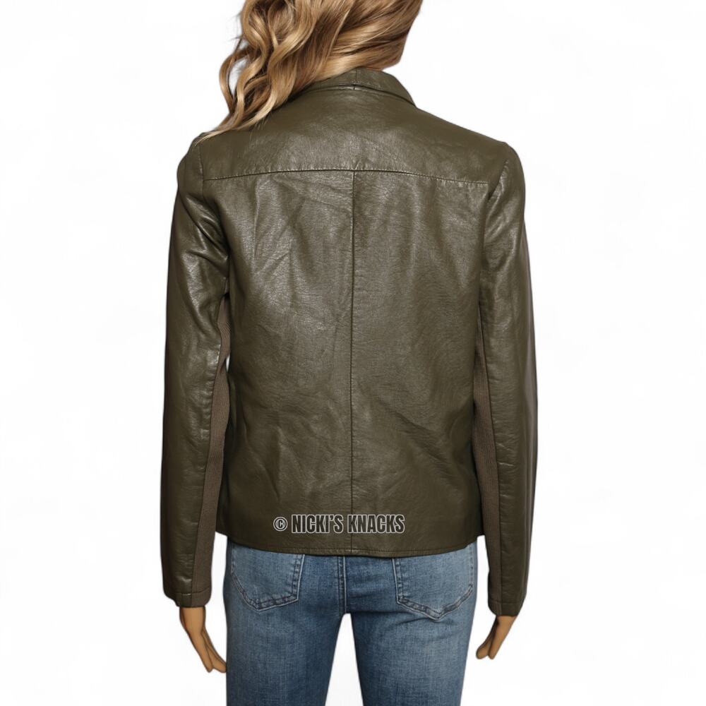 BB Dakota Olive Faux Leather Moto Jacket Asymmetrical Zip Drape Front Size S - Picture 5 of 9